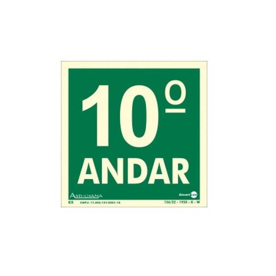 Imagem de Placa de Sinalização Pavimento 10 Andar Fotoluminescente 18x18 cm PAF345 Encartale