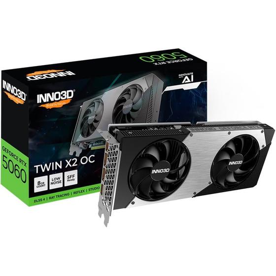 Imagem de Placa de Video Inno3D RTX 5060 Twin X2 NVIDIA Geforce, 8GB, 2527MHz, 128bits, FP4 e DLSS 4, Ray Tracing - N50602-08D7X-195070N