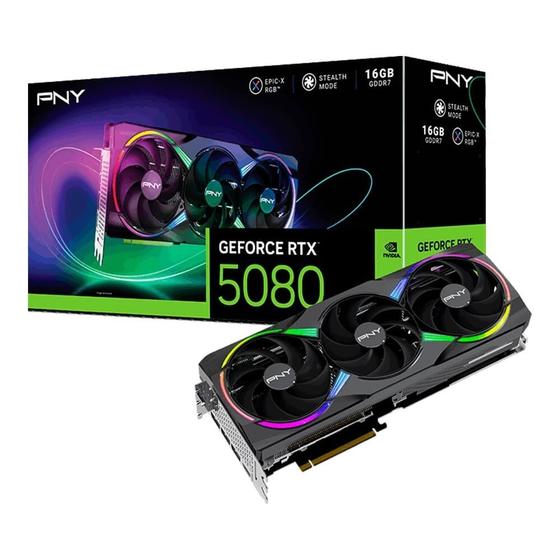 Placa de Vídeo PNY RTX 5080 EPIC-X NVIDIA GeForce, 16GB, ARGB, GDDR7, G-Sync, Ray Tracing, DLSS 4, HDR, Triple Fan - VCG508016TFXXPB1 Imagem de Placa de Vídeo PNY RTX 5080 EPIC-X NVIDIA GeForce, 16GB, ARGB, GDDR7, G-Sync, Ray Tracing, DLSS 4, HDR, Triple Fan - VCG508016TFXXPB1