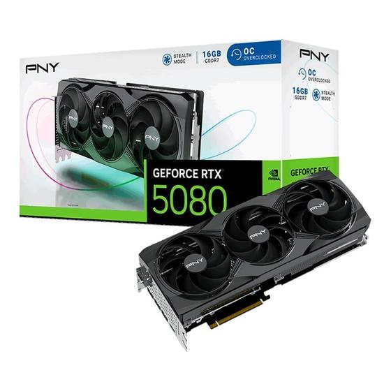 Imagem de Placa de Vídeo PNY RTX 5080 Overclocked NVIDIA GeForce, 16GB, GDDR7, G-Sync, Ray Tracing, DLSS 4, HDR, Triple Fan - VCG508016TFXPB1-O