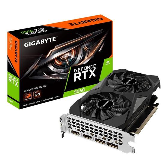 Imagem de Placa de Vídeo RTX 3050 Windforce OC Gigabyte NVIDIA GeForce, 6GB GDDR6, DLSS, Ray Tracing - GV-N3050WF2OC-6GD