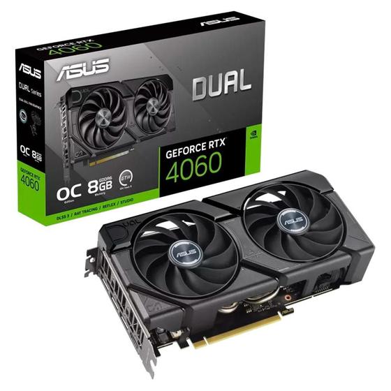 Placa de vídeo RTX 4060 ASUS Dual 8G EVO OC NVIDIA GeForce, 8GB GDDR6, G-SYNC, Ray Tracing - 90YV0JC7-M0NA00 Imagem de Placa de vídeo RTX 4060 ASUS Dual 8G EVO OC NVIDIA GeForce, 8GB GDDR6, G-SYNC, Ray Tracing - 90YV0JC7-M0NA00