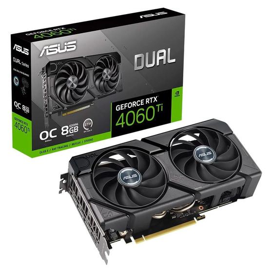 Placa de Vídeo RTX 4060 TI O8G EVO OC ASUS NVIDIA GeForce, 8GB GDDR6, DLSS3, Ray Tracing, G-Sync Menor preço em Placa de Vídeo RTX 4060 TI O8G EVO OC ASUS NVIDIA GeForce, 8GB GDDR6, DLSS3, Ray Tracing, G-Sync