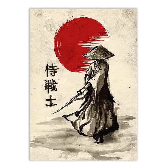 Imagem de Placa Decorativa A2 Pintura Japonesa Retro Samurai Sol