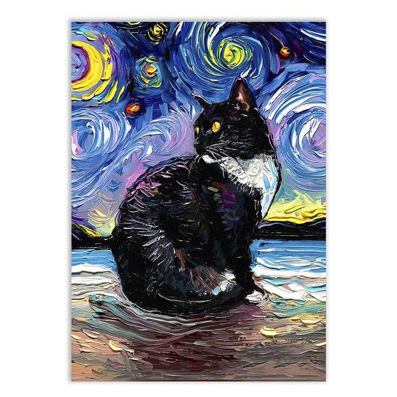 Imagem de Placa Decorativa A3 Gato Frajola Pintura Estilo Van Gogh