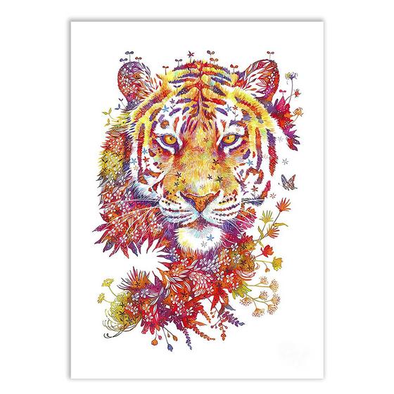 Imagem de Placa Decorativa A4 Ilustração Tigre Colorido Flores Animais