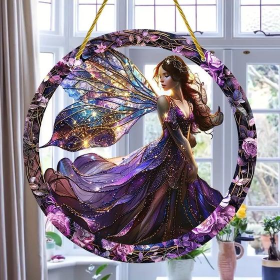 Imagem de Placa Decorativa Acrílica Boho - Elven Sun Catcher de Parede - Placa Multiuso Estilo Vitral com Design de Fada e Grinald