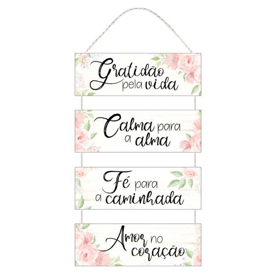 Imagem de Placa Decorativa com Corda Gratidão Calma Fé Amor com Flores 30x65