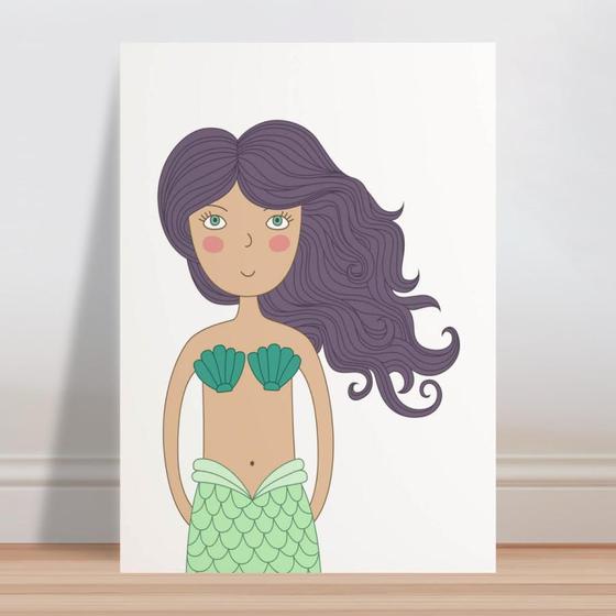 Imagem de Placa decorativa infantil sereia cabelo roxo calda verde