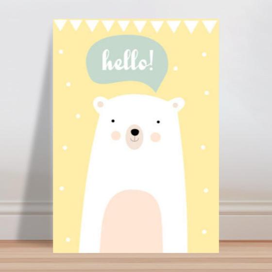 Imagem de Placa decorativa infantil urso branco hello fundo amarelo