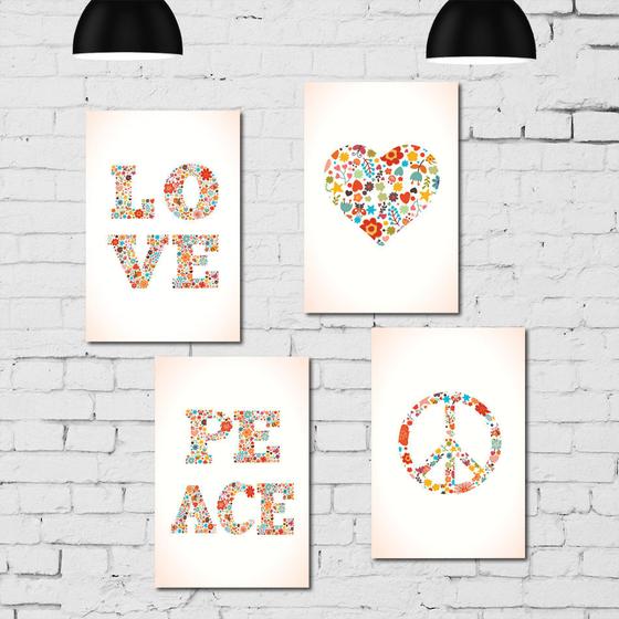 Imagem de Placa Decorativa MDF Paz e Amor Kit 4un 30x40cm