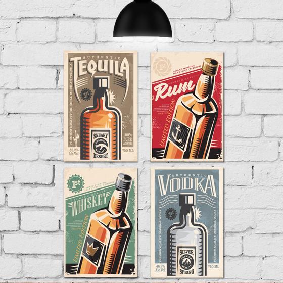 Imagem de Placa Decorativa Vintage Bebidas MDF Kit 4un 30x40cm