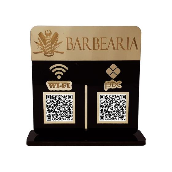 Placa Display Logo e 2 Qr Code Pix e Wifi em Acrílico Dourado e Preto Menor preço em Placa Display Logo e 2 Qr Code Pix e Wifi em Acrílico Dourado e Preto