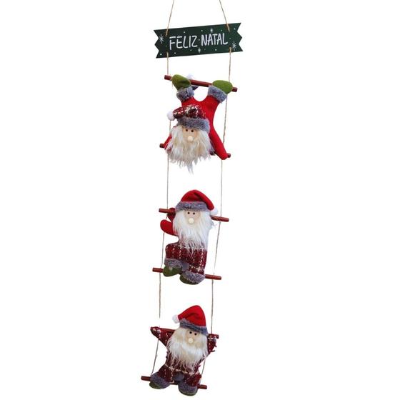 Imagem de Placa Feliz Natal Escada Madeira 90cm 3 Bonecos Papai Noel Pelúcia - Master Christmas