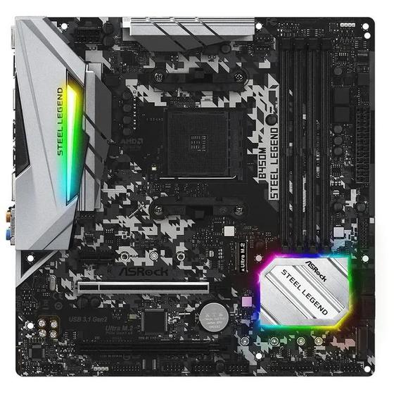 Imagem de Placa Mãe ASRock B450M Steel Legend AM4 para CPUs AMD Ryzen. Suporte DDR4. PCI-E. HDMI. DP. USB e SATA.