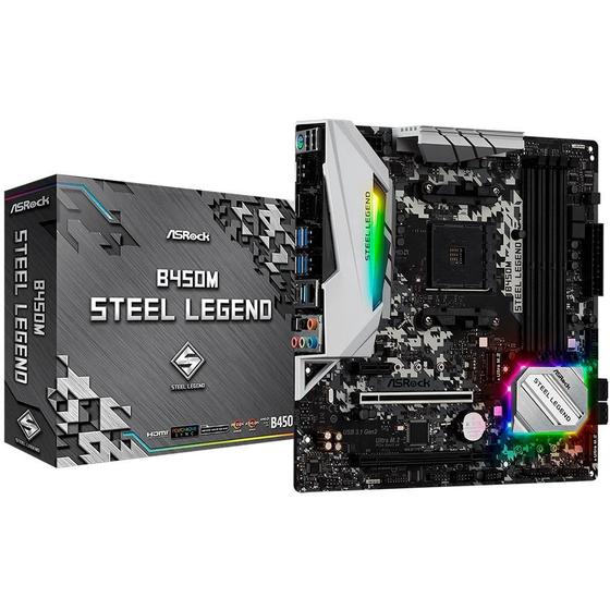 Placa-Mãe ASRock B450M Steel Legend, AMD AM4, mATX, DDR4, Preto - B450M Steel Legend Imagem de Placa-Mãe ASRock B450M Steel Legend, AMD AM4, mATX, DDR4, Preto - B450M Steel Legend