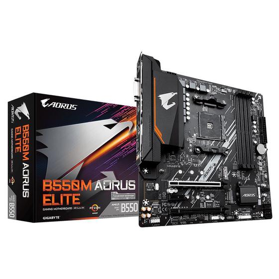 Placa-Mãe Gigabyte B550M Aorus Elite Rev. 1.3, AMD AM4, Micro ATX, DDR4, Preto - B550M AORUS ELITE Imagem de Placa-Mãe Gigabyte B550M Aorus Elite Rev. 1.3, AMD AM4, Micro ATX, DDR4, Preto - B550M AORUS ELITE