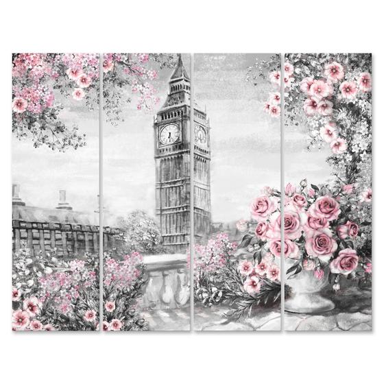 Imagem de Placa Painel Decorativa em MDF Foto Londres Flores Kit 4 Pla