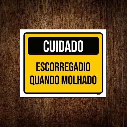 Imagem de Placa Sinalização Cuidado Escorregadio Quando Molhado 27X35