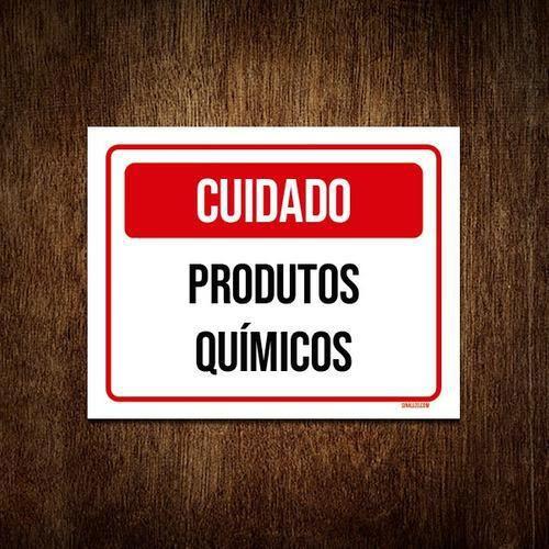 Imagem de Placa Sinalização Cuidado Produtos Químicos Vermelha 18X23