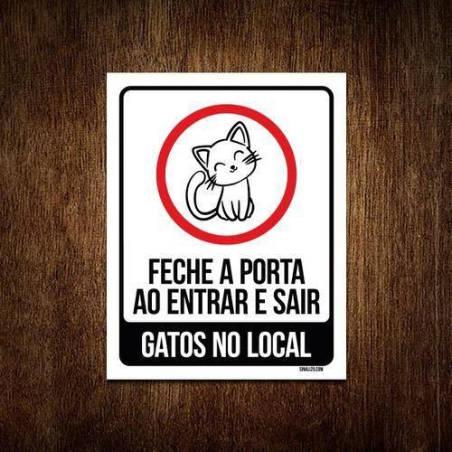 Imagem de Placa Sinalização Fecha Porta Entrar Sair Gatos Local 27X35