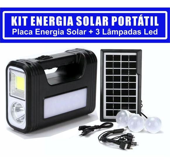 Imagem de Placa Solar + 3 Lâmpadas Bulbo Led Lanterna Carrega Celular Iluminação Portátil Camping