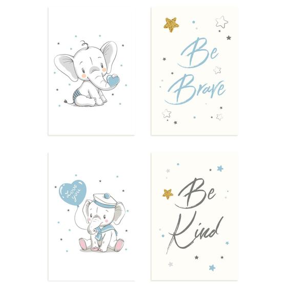 Imagem de Placas Decorativas Elefante Azul Para Quarto 20x30cm Kit 4un