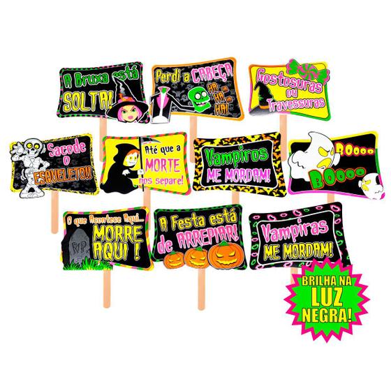 Imagem de Placas Divertidas Halloween Neon - Kit 10 Unidades