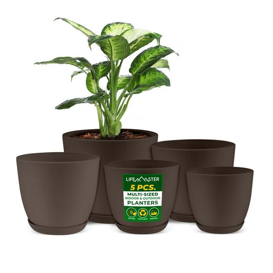 Imagem de Planter Pots Lifemaster, leve e durável, conjunto de 5 marrons