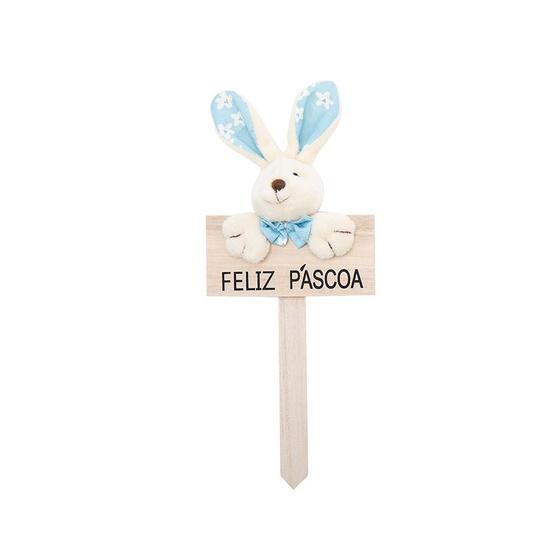Imagem de Plaquinha MDF Feliz Páscoa com Coelho Florido Azul - 1 unidade - Cromus -