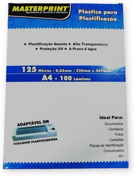 Imagem de Plástico para Plastificação A4 220x307mm 125 micras 0,05mm Polaseal Pouch Film Masterprint Pacote com 100 lâminas