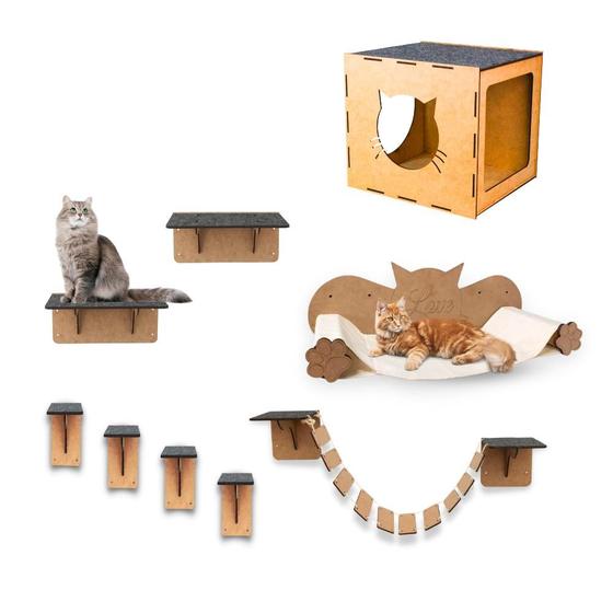 Imagem de Playground Para Gato De Parede Nicho Prateleira Rede E Degrau Kit Com 9 Peças