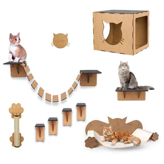 Playground Para Gatos 9 Peças Brinquedo de Gato com Arranhador Nicho Ponte Degrau Rede em Mdf Menor preço em Playground Para Gatos 9 Peças Brinquedo de Gato com Arranhador Nicho Ponte Degrau Rede em Mdf