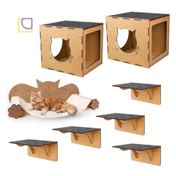 Imagem de Playground para Gatos Kits 8 peças Com Nicho Rede Brinquedo de Gato Prateleiras de Parede Em Mdf