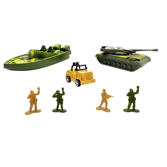 Imagem de Playset Militar com 4 Soldadinhos Tanque Barco e Jeep de Combate