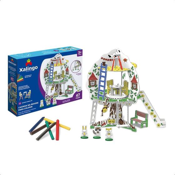 Imagem de Playset Quebra-Cabeça Casinha na Árvore 3D em Cartão para Colorir 47 Peças com Giz de Cera +3 anos Xalingo 16321