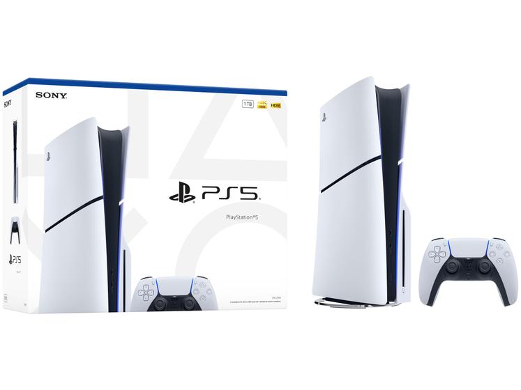 PlayStation 5 Slim branco com controle na horizontal