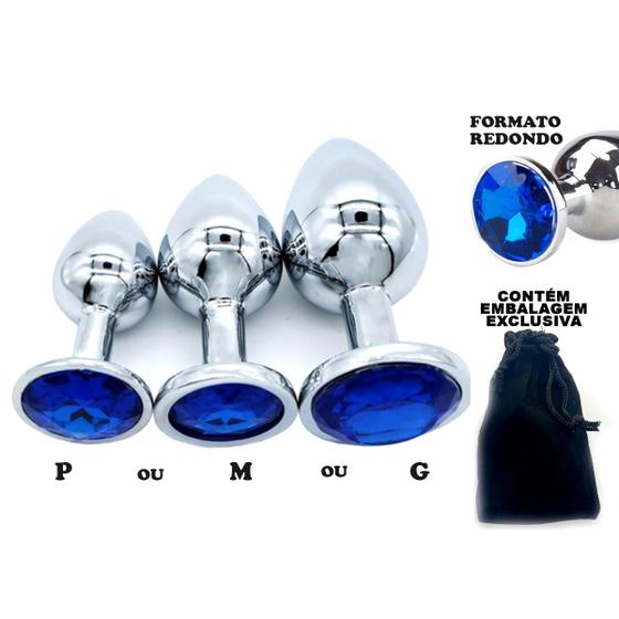 Imagem de Plug Anal Jóia Aço Inoxidável P M e G Redondo Pedra Azul Prateado Luxo Importado