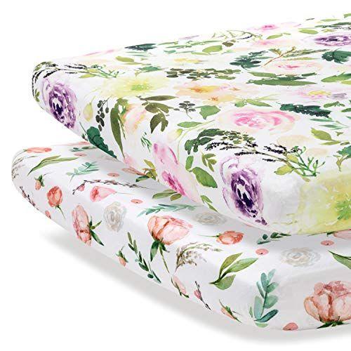 Imagem de Pobibaby - 2 Pack Premium Pack N Play Sheets Fitted for Standard Pack and Plays e Mini Cribs - Mistura de Algodão Ultra-Macia, Padrão Floral Elegante, Seguro e Confortável para o Bebê (Allure)