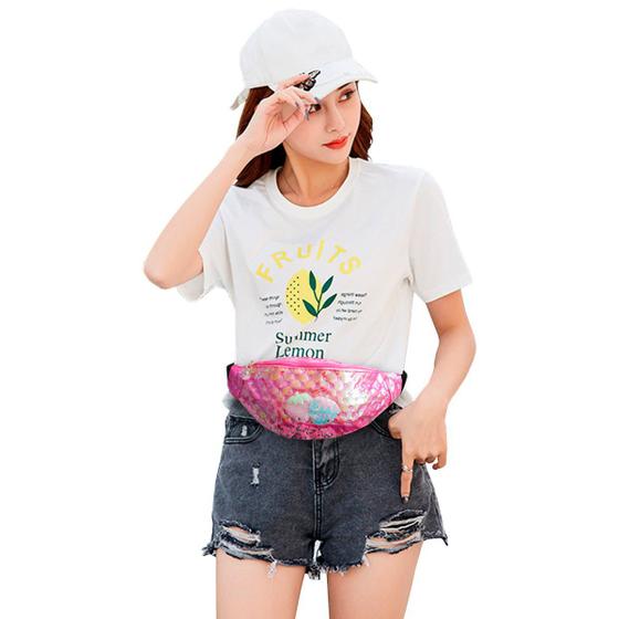 Imagem de Pochete Feminina Bolsa Holográfica Dois Uso Carnaval Refoçada Show Cintura Transversal Espaçosa Aulas Escola Faculdade