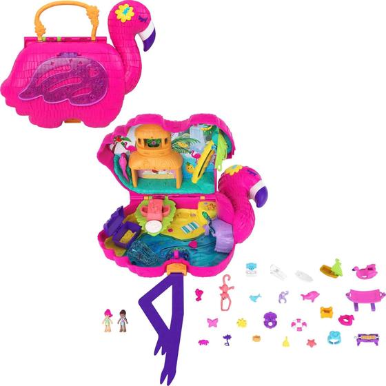 Imagem de Polly Pocket Playset Compacto Festa Flamingo, 26 Surpresas, Função Troca e Combina, Áreas de Festa Tropical