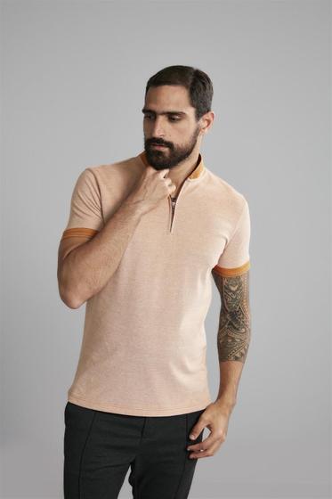 Imagem de Polo Manga Curta com Zíper Piquet Slim Fit - Amarelo Mostarda / Branco