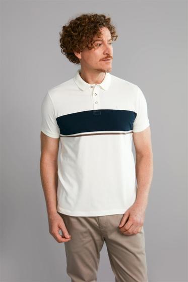 Imagem de Polo Manga Curta Malha Slim Fit - Creme / Azul Marinho