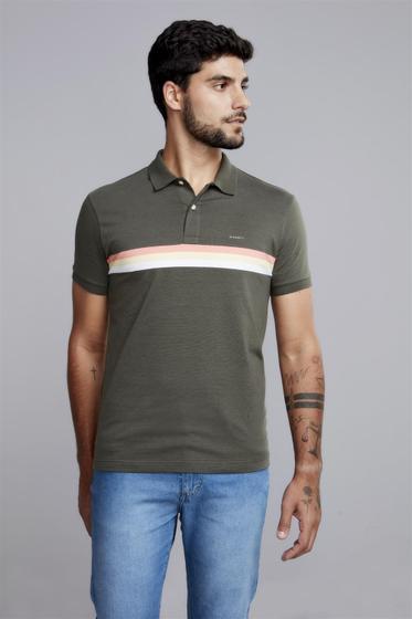 Imagem de Polo Manga Curta Malha Slim Fit - Verde Escuro / Rosa Salmão