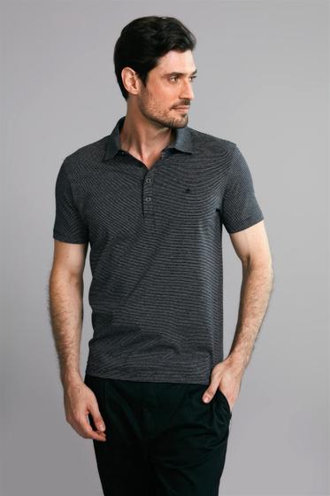 Imagem de Polo Manga Curta Office Malha Slim Fit - Preto / Cinza Azulado