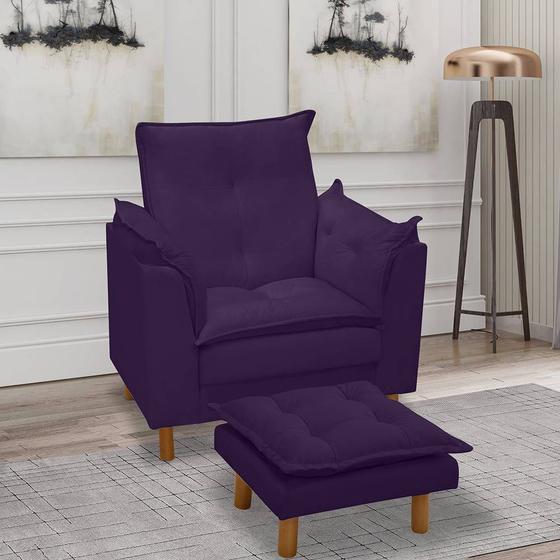 Imagem de Poltrona Amamentação e Puff Bela Veludo Roxo Pés Palito Tana Decor