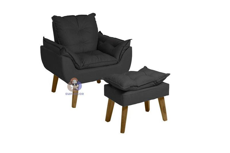Imagem de Poltrona/Cadeira Decorativa E Puff Glamour Preto Com Pés Quadrado