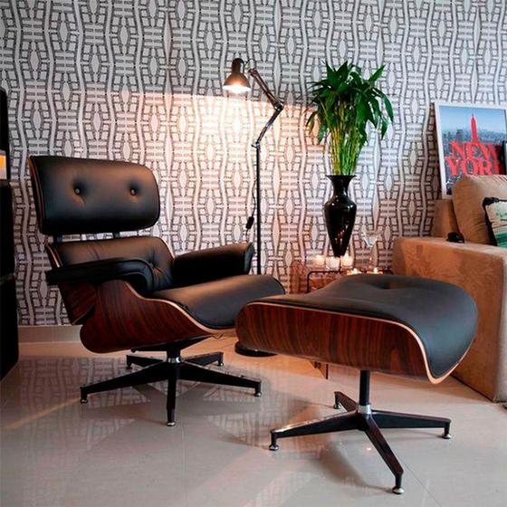 Imagem de Poltrona Charles Eames com Puff Couro Natural Preto