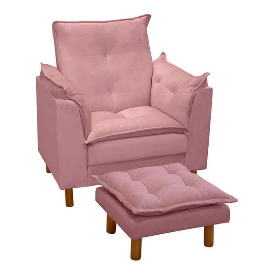 Imagem de Poltrona de Amamentação e Descanso Marie com Puff e Pés de Madeira Suede Rosa - Desk Design