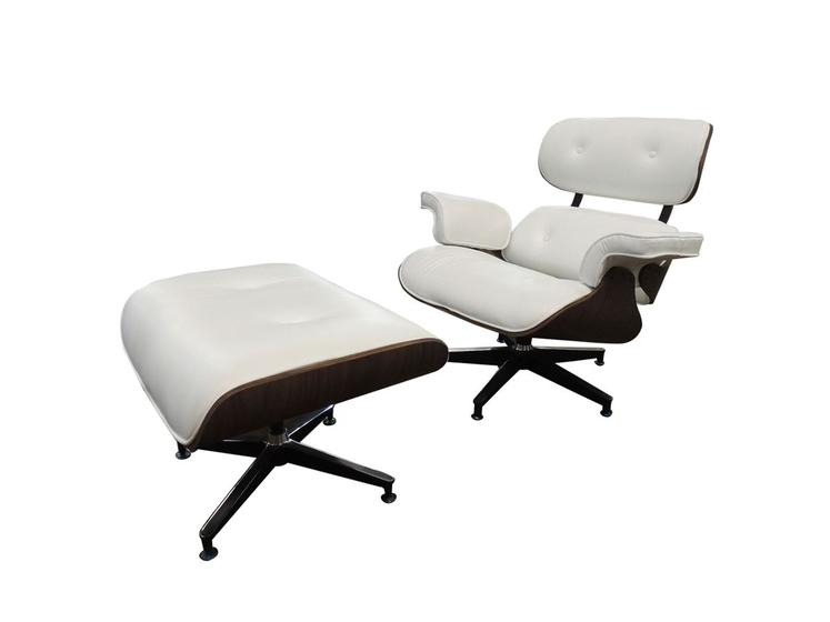 Imagem de Poltrona de Couro com Puff Charles Eames Branco Pigmentado - Mempra Design